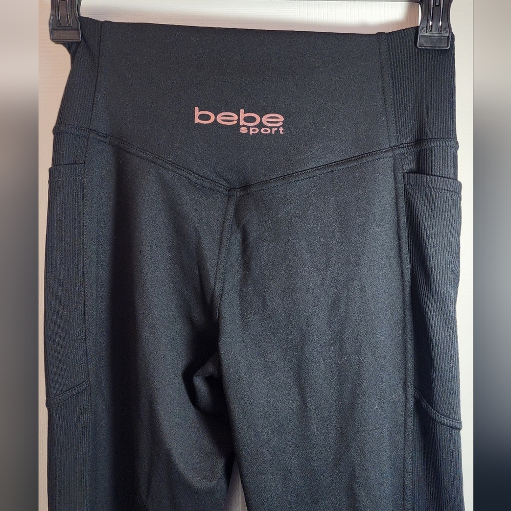 Bebe Sport logo womens sz M work out leggings black ribbed side strip w pockets - Picture 9 of 9